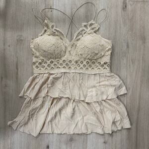 Mazik Lace Crochet Strappy Boho Blouse Tiered Peplum Top Cream Size Small